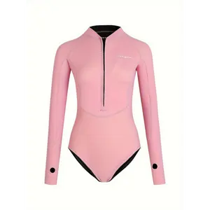 Women's LK009 Pink Neoprene Wetsuit, Long Sleeve, Full Coverage, Snorkeling Dive Suit, Chlorine Rubber, Athletic Style, Solid Color, No Belt, Zipper Closure, for Water Sports and Diving
