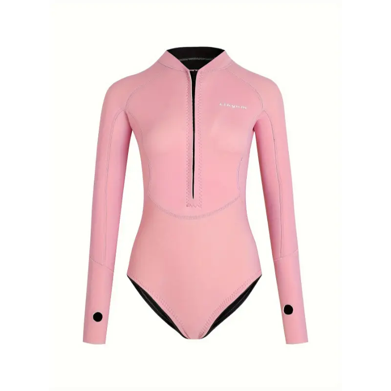 Women's Solid Color Neoprene Long-Sleeve Full-Coverage Athletic Dive Wetsuit with Front Zipper for Snorkeling, Water Sports, Swimsuit for Women, Swimwear, Female, Neoprene Blend, Nylon, Machine Wash