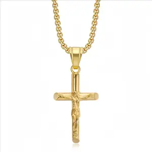 Mens Gold Cross Necklace – 14K Gold Plated Stainless Steel Rope Chain with Minimalist Cross Pendant, Trendy Christian Jewelry for Men, Husband & Boyfriend Everyday Faith Gift