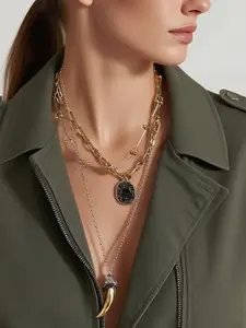 Vintage Colorblock Multi-Layer Chain Artificial Gemstone Pendant Necklace Set, Alloy Material, Zircon Jewelry Series, 3 Piece Set, Daily Wear Necklace, Layered Necklaces, Multilayer Necklace, Zircon Stones Necklace