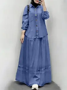Women's Casual Set, Two Piece Set Women, Button Front Long Sleeve Shirt + High Waist Skirt Design, Perfect for Daily, Travel, Commuting, Outfit Sets Women