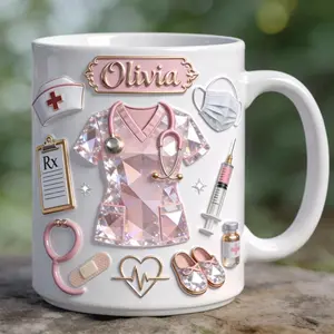 Personalized Nurse Mug 2D Printed 3D Effect Custom Name Coffee Cup RN Design for Nurses Healthcare Workers, Nurse Appreciation Graduation Birthday Gift for Her Coffee mugs, ceramic mugs, custom mugs, personalized mugs, printed mugs, gift mugs