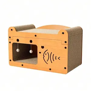 56cm Wooden Cat Scratcher House Sofa‑Style, Semi‑Enclosed Cat Cave Bed With Corrugated Cardboard Scratching Pad, 3 Patterns (Whisker Cat / Bubble Fish / Moon‑Star), Indoor Cat Rest & Play Furniture