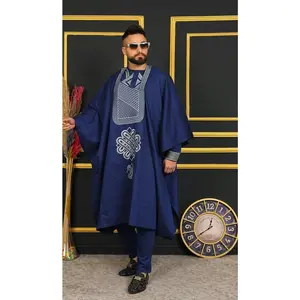 African Men's Traditional Wedding Attire, Embroidered Blue Agbada Pants & Shirt Cotton 3-Piece Set, Groom Groomsmen Outfit Graduation Birthday Party