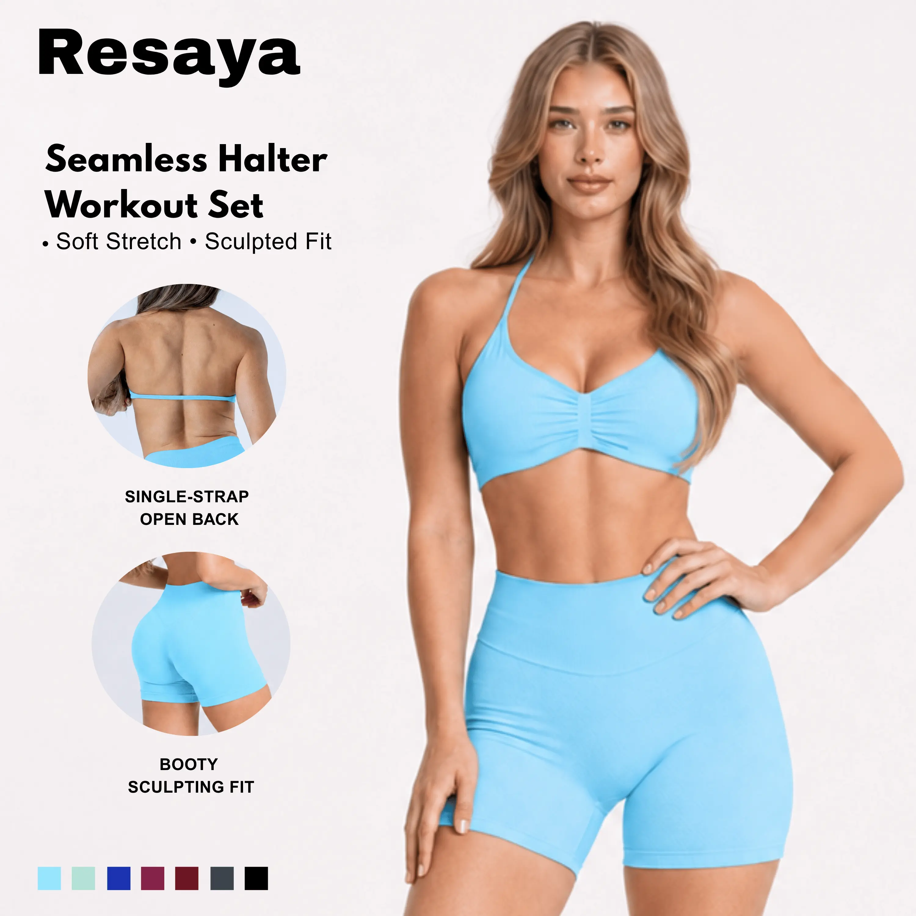 Resaya Women's 2-Piece Seamless Workout Set, Halter Neck Sports Bra Top & High Waist Shorts Matching Set, Soft Stretch Quick-Dry Summer Gym Yoga Running Activewear Outfit