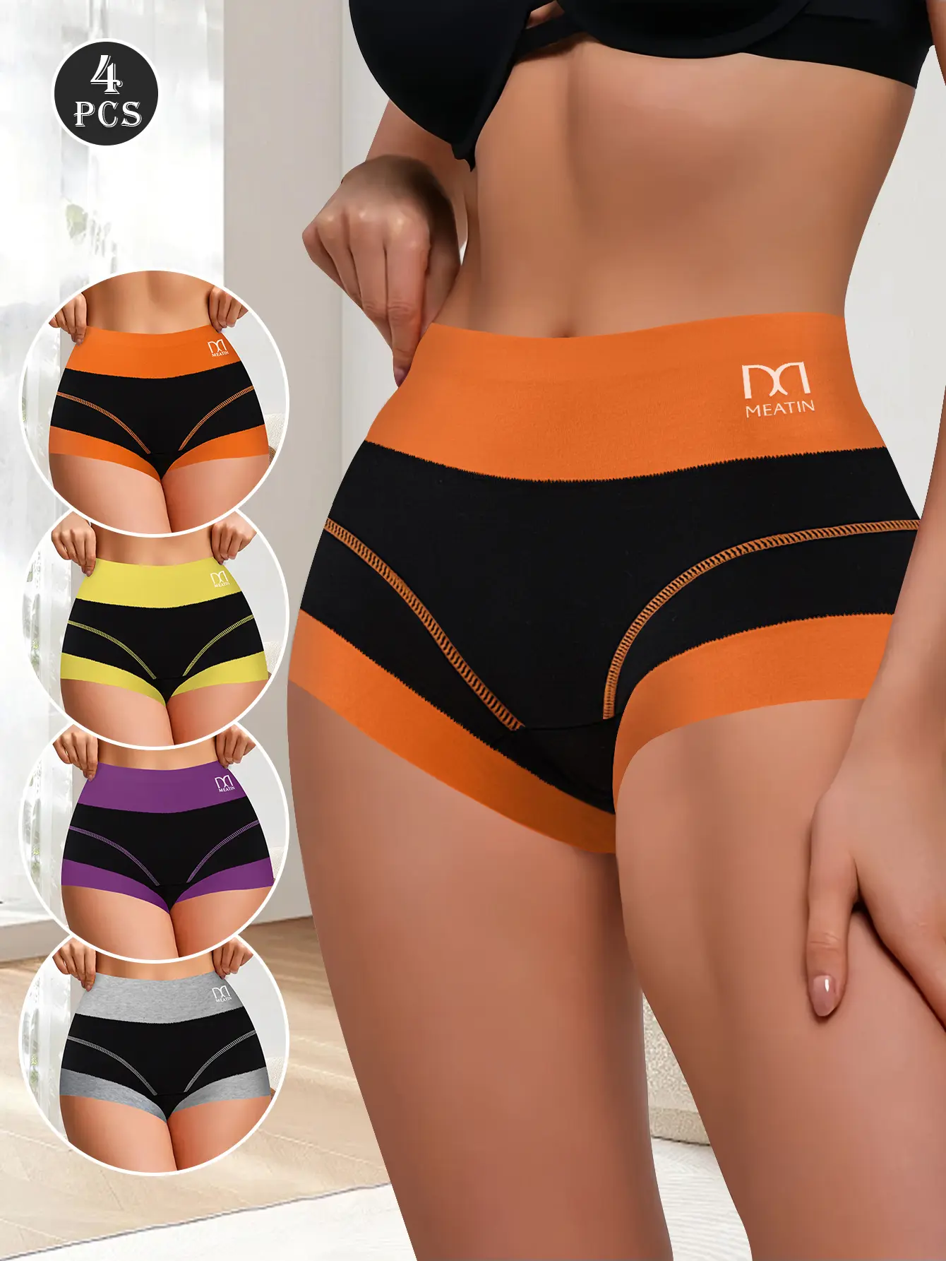 QUASTI Women's 4-Pack High-Waist Hip-Lifting Colorblock Cotton Blend Soft Panties, Full Coverage, High Elasticity, Breathable, Stretchy Sportswear Underwear, Boxer Boy Shorts Style for Everyday Athletic Use (S-XXL)