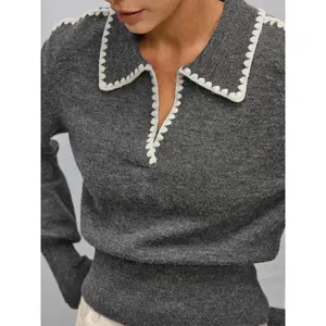Contrast Embroidered Trim Polo Sweater