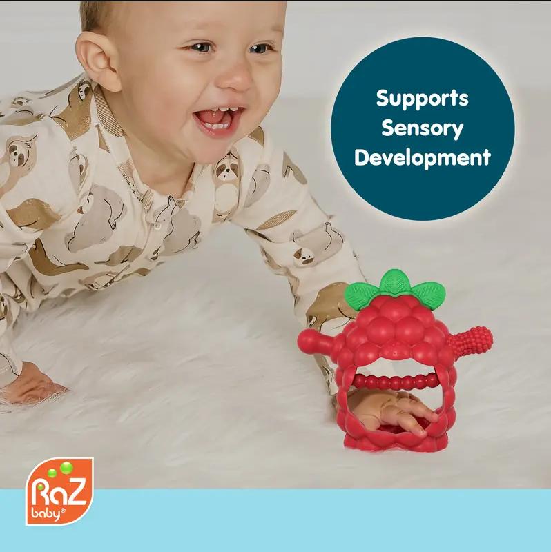 RaZbaby RaZberry Grip Silicone Teether Toy for 3M+ Babies & Infants - Drop Resistant, Non-Toxic, Multi-Textured Design for Front and Back Teeth