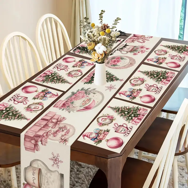 1 piece/4 piece/5 piece set/7 piece set, Christmas pink Christmas holiday pattern table flag and placemat set, holiday home decoration, suitable for kitchen and dining tables, indoor and outdoor holiday gatherings, Christmas gifts