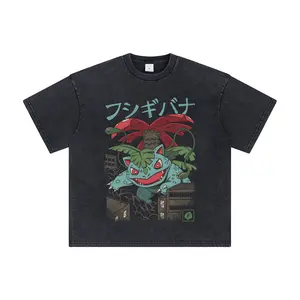 Menswear Bulbasaur Short-Sleeve Round Neck Ribbed Tee - 100% Pure Cotton, Soft, Thick, Oversized Washed Japanese Anime Print Shirt, Gift for Anime Fans SummerVibes
