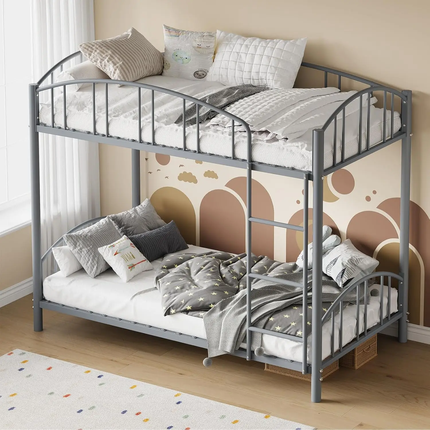 Garvee Heavy Duty Twin Over Twin Metal Bunk Bed – Sturdy Steel Frame with Arched Guardrail & Safety Ladder, Space-Saving Kids Bedroom Furniture, No Box Spring Needed, Twin Size