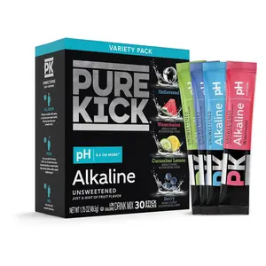 Pure Kick Alkaline pH 8.5 or Higher Powdered Drink Mix Packets Variety Pack, 30 Singles to Go!, Unsweetened with a Hint of Flavor - Watermelon, Berry, Cucumber Lemon & Unflavored, 30 Servings