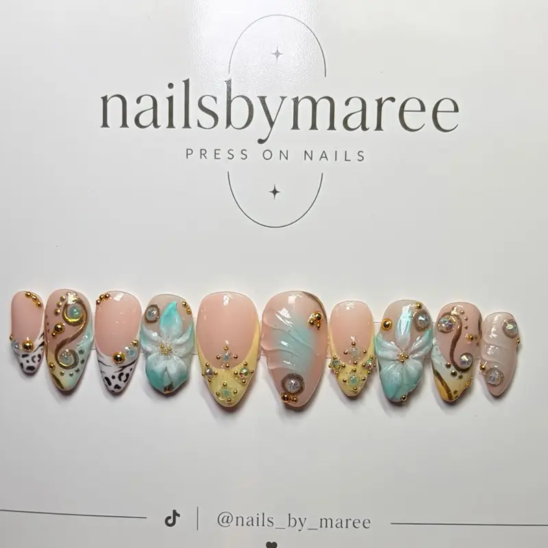 NailsbyMaree Press On Nails - Elegant Floral & Gold Design - Perfect for Special Occasions