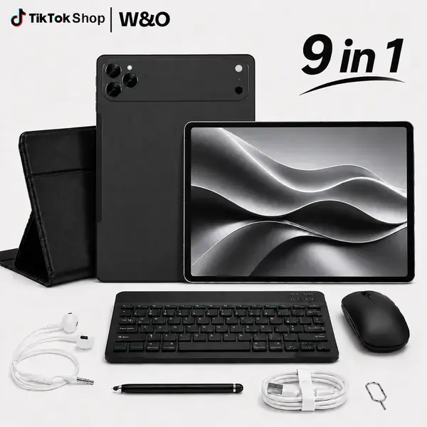 W&O Android 15 Tablet 11-inch for Work & Travel 4+8GB RAM, 256GB Expandable Storage, 10000mAh Battery, 5G WiFi, Dual Cameras - Portable Bundle with Keyboard, Mouse, Case, Stylus