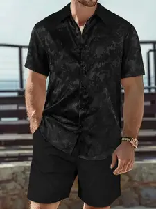 Men's Spring Summer Two-Piece Set, Casual Single-Breasted Fitted Shirt Neckline, Tropical Plant Print Coconut Tree Jacquard Short Sleeve & Drawstring Shorts