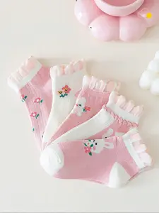 5 Pairs Girls' Summer Thin Mesh Ankle Socks, Breathable Lace Trim Low-Cut Short Socks, Cute Bunny Cartoon Design, Sweet Baby Girl Socks