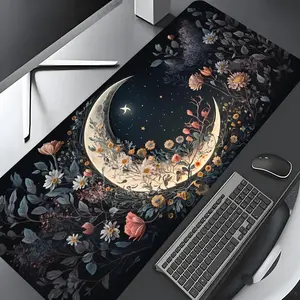 Floral & Moon Pattern Mouse Pad, Rectangle Gaming Mouse Pad, Non-slip Rubber Pad, Desk Keyboard Pad for Home Office, Desk Accessories