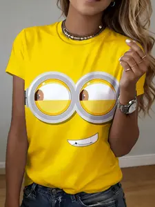 women's short sleeve Sporty T-shirt Minion Face With Big Eyes And Smile 3D full-frame printing spring and summer fashion trend sports women's soccer jersey stripes, floral, festival, cartoon, casual, sweat-absorbent