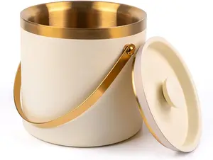 3L beige white Double Wall Insulated Stainless Steel Ice Bucket with scoop for Cocktail Bar,Metal Ice Bucket for freezer with Lid for parties.ice Container to Keep Ice Colder,bar cart accessories