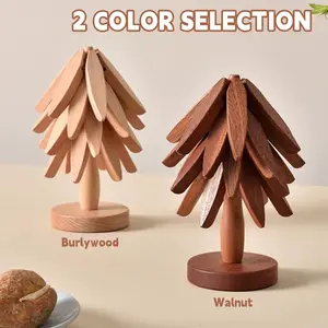 Natural Tree Trivet Set 4 Wooden & 1 Stand Heat Resistant Foldable Design Durable High Tree Shape Trivets for Hot Dishes Multi Functional Use Special Texture Interesting Gift for Christmas 2 Color Selection Burlywood Walnut