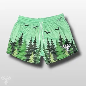 Goat Strength 5” Inseam Mesh Shorts – Forest Pine Tree Design – Unisex Athletic Workout Shorts with Zipper Pockets