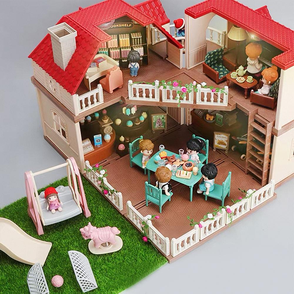 Family Cozy Cabin Dollhouse Playset with Furniture & Accessories, DIY Pretend Play Cottage for Ages 3+, Boys & Girls