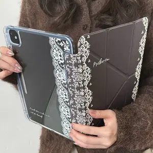 Korean Style Flower Lace iPad Pro Case, Tablet Casing, Magnetic Closure AirPods Protective Cover, Durable Mini Transparent Acrylic Design