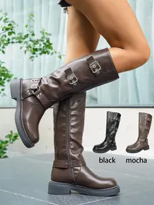Women's Fashion Boots with Sweater, Casual Side Zipper Buckle Motorcycle Boots, Knee-High Biker Boots, Elegant Boots for Women