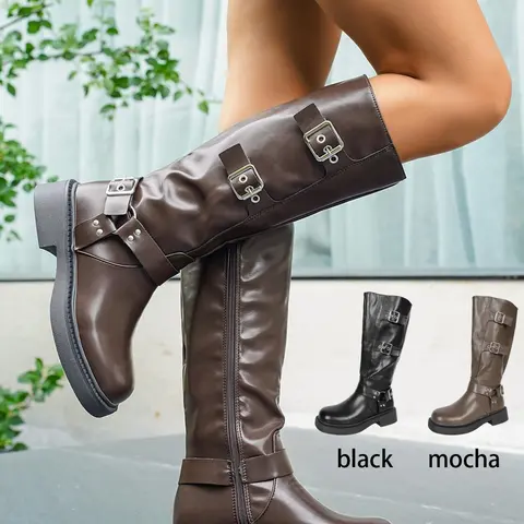 Women's Fashion Boots with Sweater, Casual Side Zipper Buckle Motorcycle Boots, Knee-High Biker Boots, Elegant Boots for Women, Trendy Boots, Patron Boots, Fashionable Boots