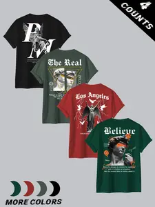 Men's 4-Pack Vintage Statue & Trendy Slogan Graphic T-Shirts - Casual Tees for Daily Wear, Multi-Designs (Angel/David/Los Angeles/Believe), Trendy Retro Mix Fashion Set