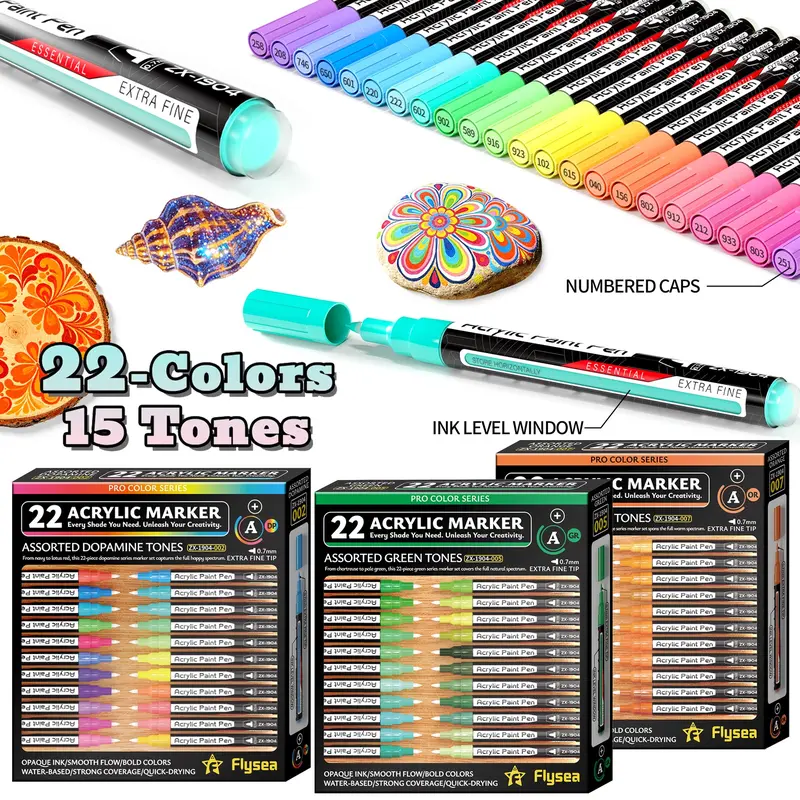 17 Color Series Acrylic Markers, 22 Colors Per Series, Fine Tip 0.7mm, Quick-Dry Ink, Ideal for Art, Craft, and DIY Projects, Acrylic Paint Marker, Art Marker Set