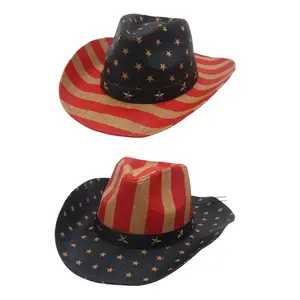 Men's Women's Vintage American USA Flag Western Cowboy Hat Shape-It Brim Straw Cap