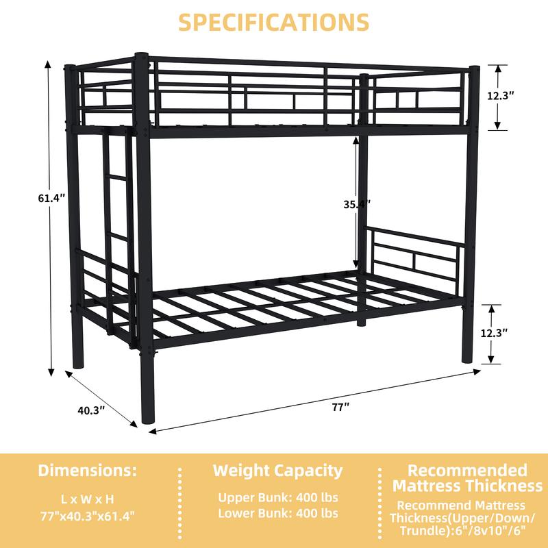 Bunk Bed Frame Twin Over Twin, Heavy Duty Detachable Metal Bunk Beds with Ladder and Full-Length Guardrail, Space Saving Design, No Boxing Spring Needed, Easy to Assemble, Black Bunk Bed Frame Twin Over Twin, Heavy Duty Detachable Metal Bunk Beds with Ladder and Full-Length Guardrail, Space Saving Design, No Boxing Spring Needed, Easy to Assemble, Black