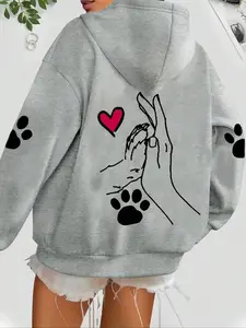 Women's Casual Dog Paw Print Hoodie with Loose Fit, Thick Pullover Sweatshirt for Fall & Winter, Stylish Outdoor Wear with Drawstring Pockets