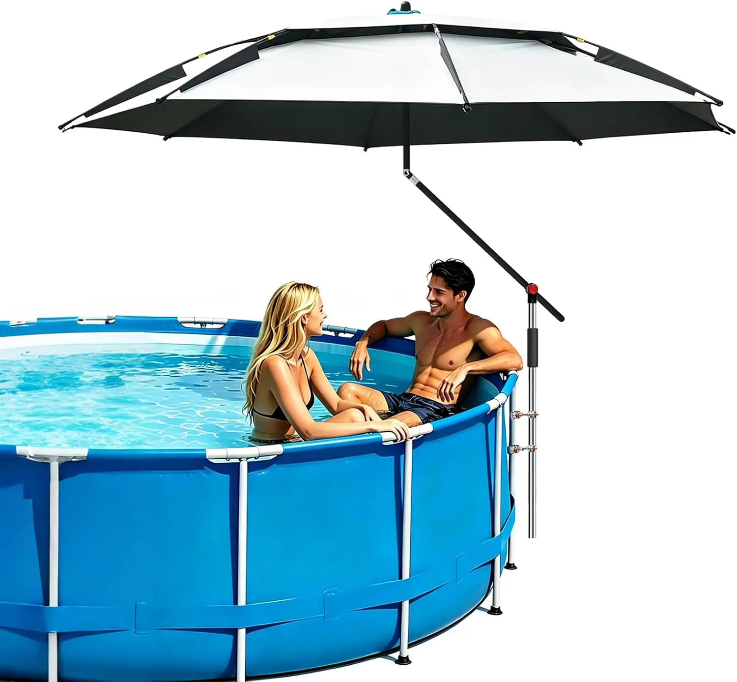 Above Ground Pool Umbrella 7.9 FT, UPF 50+ Sun Protection, 360° Rotating & Tilt Adjustable, Rust-Resistant Stainless Steel Clamp, with Ground Stake & Carry Bag, Outdoor Umbrella for Patio, Beach, Camping – White