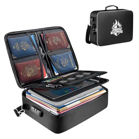 Fireproof Document Bag with Combination Lock - Silicone Fiberglass Durable Pouch, Waterproof Large-Capacity Home Organizer with Reinforced Handle, Dual Zips, Secure Zip Locks, 4 USB Pockets, Luggage Strap for Home/Office Papers, Passports, Certificates