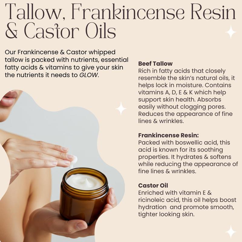Frankincense & Castor Oil Beef Tallow Grass Fed & Finished Organic Moisturizer for Skin Hydrating & Nourishing for Cracked, Dry Skin Age Defying