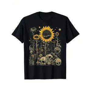 Gothic Sunflower & Skull Graphic T-Shirt for Men – Black Relaxed Fit Crew Neck Short Sleeve Tee, Intricate Macabre Floral & Celestial Print, Boho Alternative Fashion Tee for Art Lovers, Breathable Elastic Cotton, Machine Washable