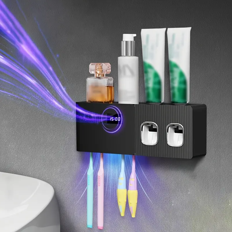 Solar Powered Toothbrush Holder, Wall Mounted Bathroom Organizer, No Drilling Required, Suitable for Family Use, Space-Saving Design, Toothbrush Storage, Rechargeable Toothbrush Holder, Toothbrush Holders for Bathrooms