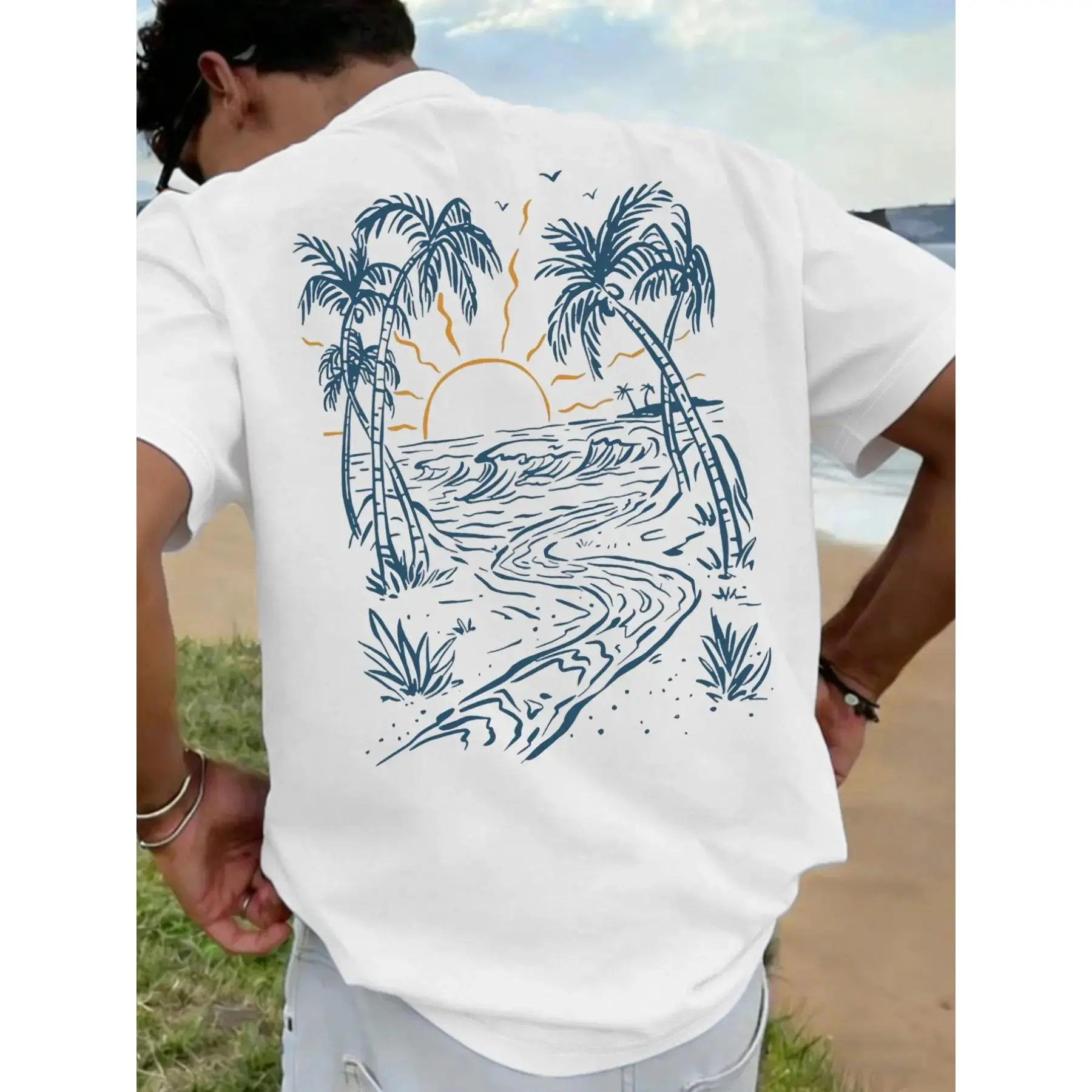 Men's Tropical Sunset Graphic T-Shirt - Soft Fabric Round Neck Tee, Casual Short Sleeve Menswear for Summer Outdoor Wear, Tshirt, Streetwear, Short Sleeves, Casual Tee, Top, Loose Fit, Multi-Size