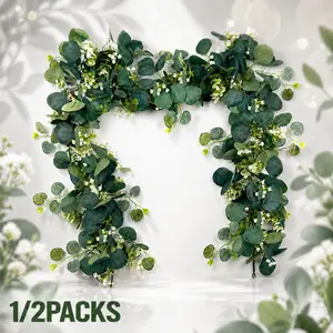 New Large 180cm/70.8inch  Artificial Eucalyptus Vine with White Flowers, Faux Eucalyptus Garland Greenery for Wedding Arch, Table Runner, Mantel, Outdoor Garden, Party & Home Wall Decor (1 pack / 2 packs)
