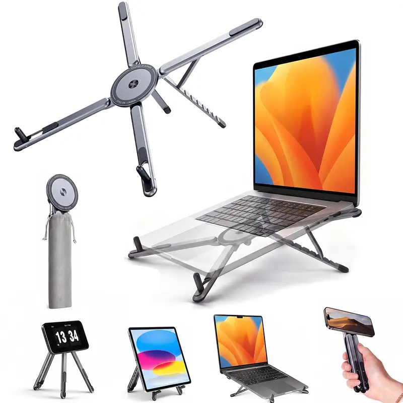 3-in-1 Folded Aluminum Alloy Laptop Stand for Desk - 8 Height Settings, 5.9 Degrees Adjustment, Portable Slim Magnetic Riser, Fits Phones/Tablets/Kindle, Velvet Work Bag Accessory, Travel Tray Office Desktop Setup Accessory