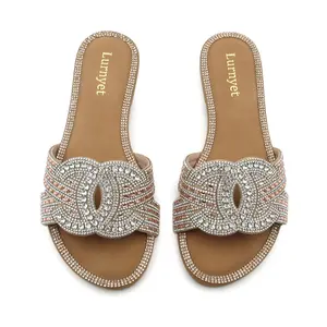 Women's Bling Rhinestone Slide Sandals, Rose Gold & Clear Crystal Open Toe Flat Slip On Slippers, Sparkly Glitter Summer Casual Beach Party Dress Shoes