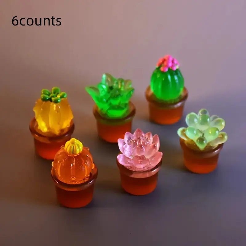 6 Piece Glow-In-The-Dark Mini Cactus Plants, Colorful Resin Fairy Garden Accessories, Desk Decor for Home Office Anniversary Gifts, Decorative Figurines, Figurine Set, Decoration Figure