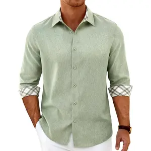 Mens Linen Shirt Long Sleeve Button Down Casual Untucked Shirt Regular Fit Wedding Fashion Linen Textured Shirts