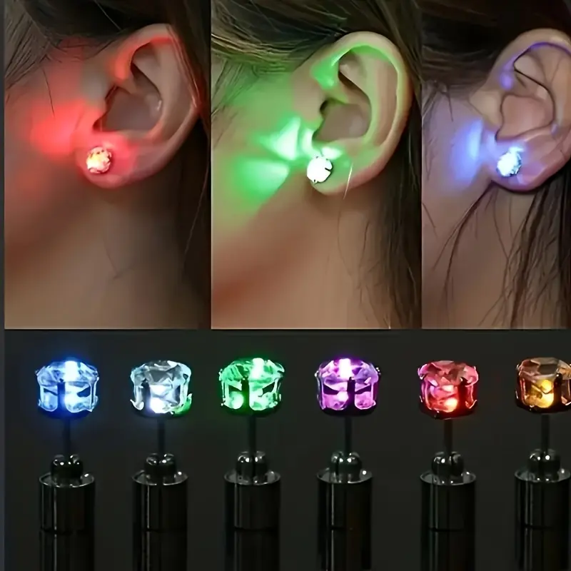 2pcs LED Flashing Color Changing Earrings |   Unisex Fashion Party Additions, Luminous Imitation Zirconium Crown Stud Earrings with Copper Ear Needle and Button Battery