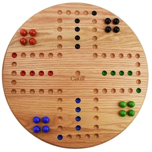 Marble Board Game Round Solid Oak Wood Hand Painted 4 Player