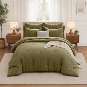 MUXHOMO 7 Pieces King Comforter Set, Soft Bed in a Bag Size, All Season Bedding Set with Comforter, Flat Sheet, Fitted Pillowcases & Shams, Olive Green