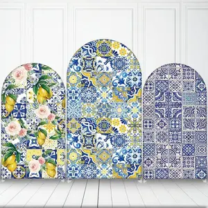 15-day Delivery Mediterranean Lemon Blue Tiles Arch Backdrop Cover Spandex Fabric for Bridal Shower Baby Shower Birthday Party Decor Background Wedding Cake Portrait Photozone
