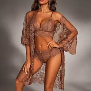 Women’s 3 Piece Lingerie Set - Lace Wrap Robe, Sheer Nightgown & Bra with Panty - Sexy Sleepwear for Wedding Night & Special Occasions